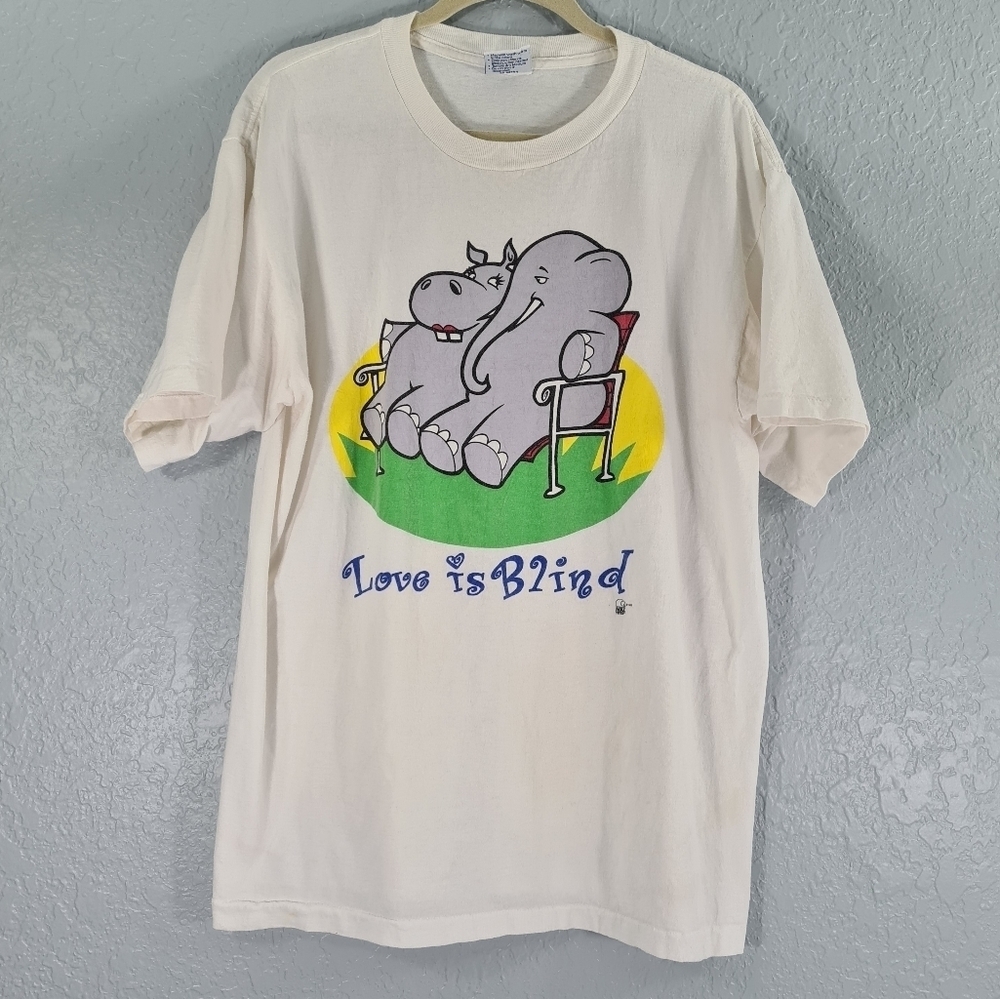 Vintage 90s Pak Tites Single Stitch White Graphic T-Shirt 'Love is Blind' XL